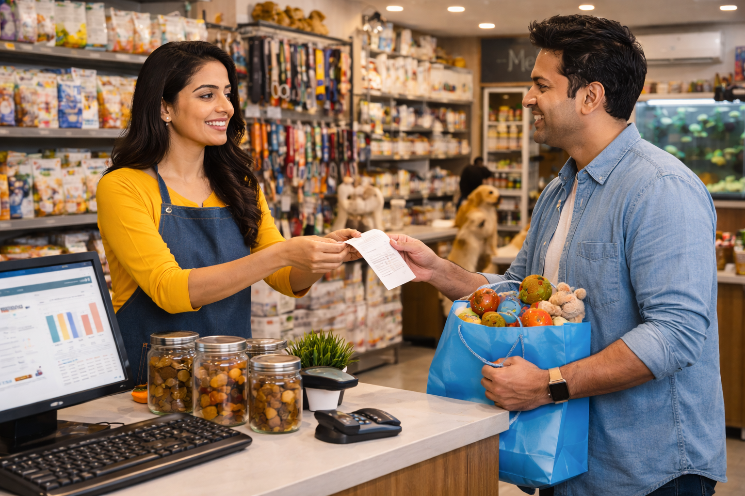 pet business owner giving bill to a happy customer